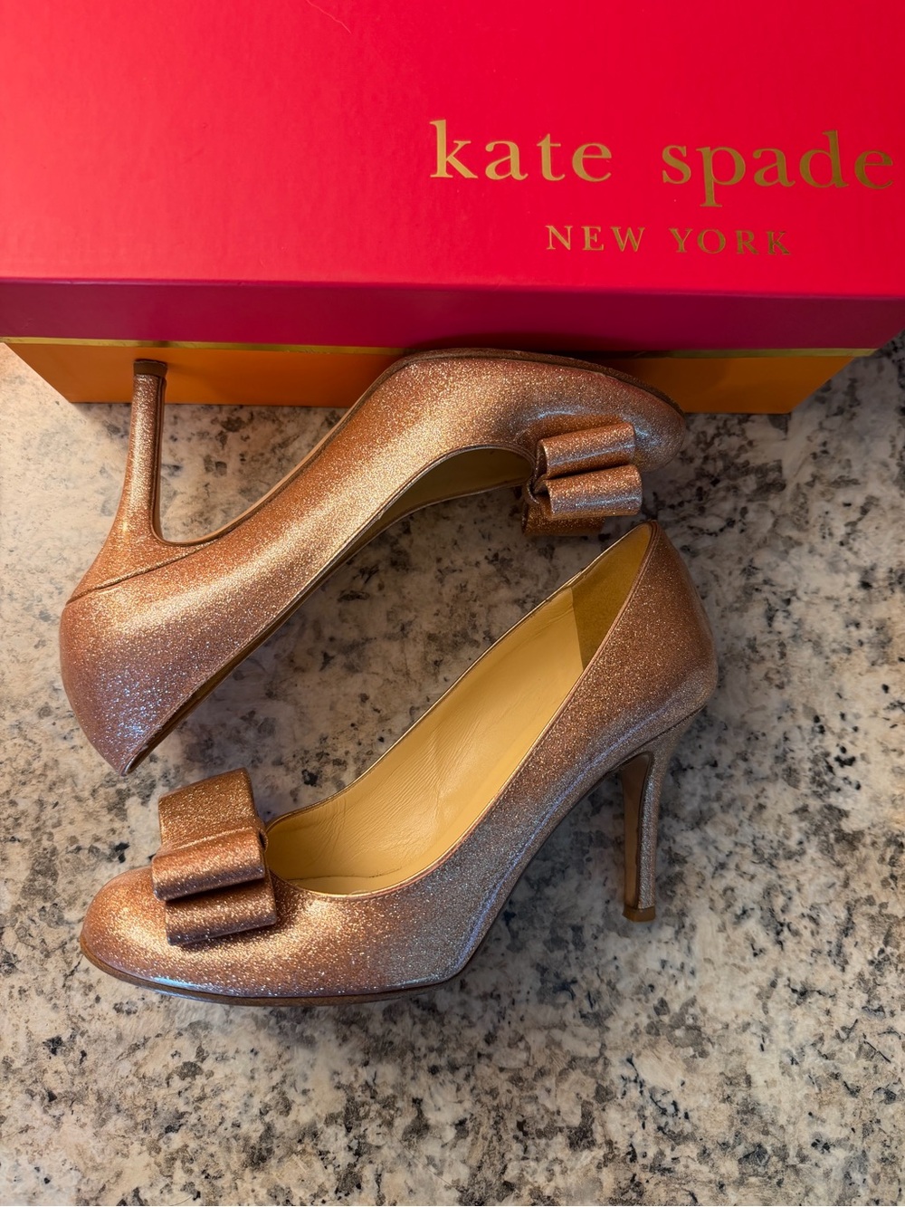 Kate Spade ♠️ Krysta Rose Gold Glitter Sparkle Wedding Bow Heels Pumps Cute Fun